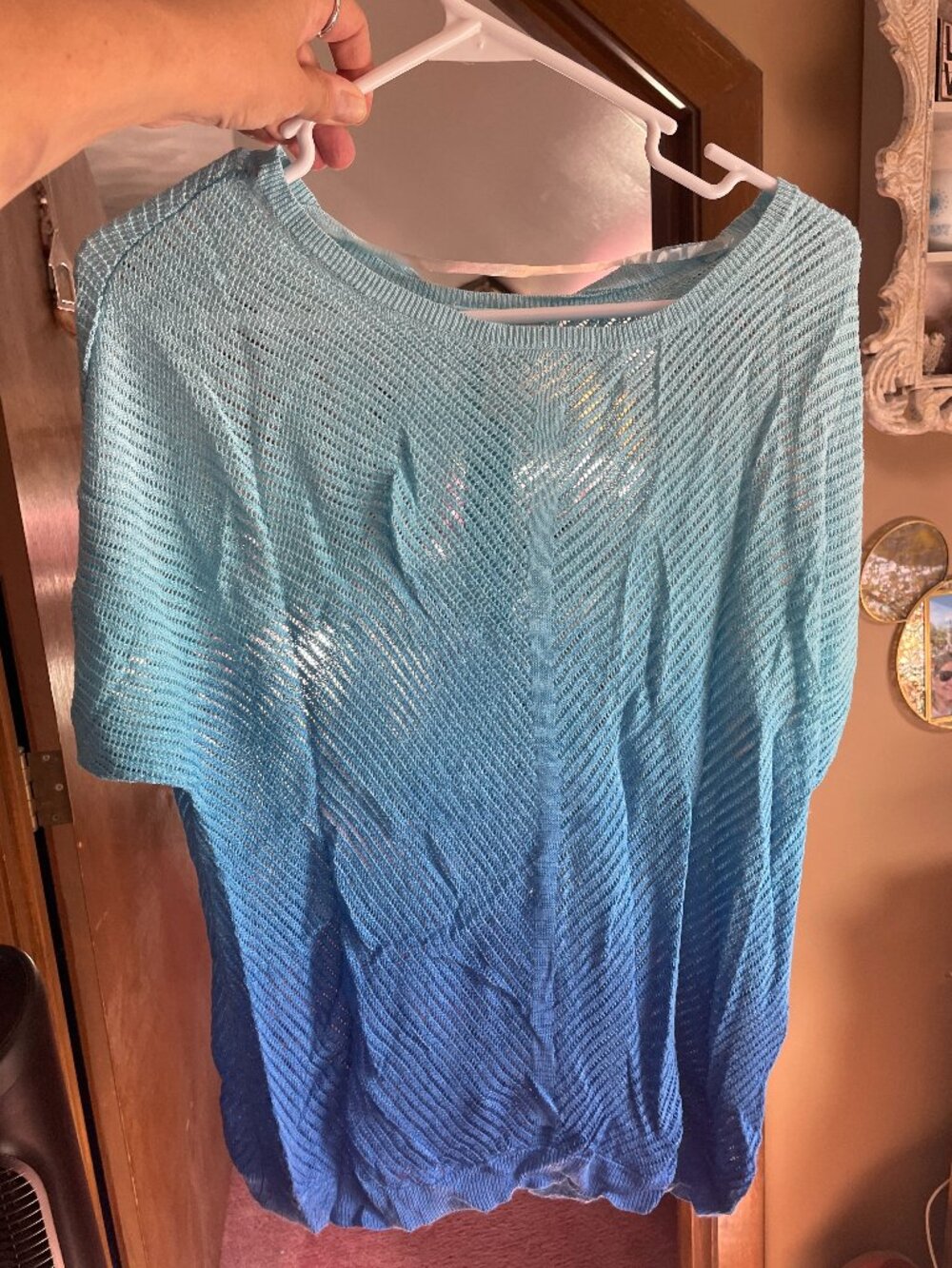 NWT Chico's Blue Ombre Open Knit Short-Sleeve Sweater Large